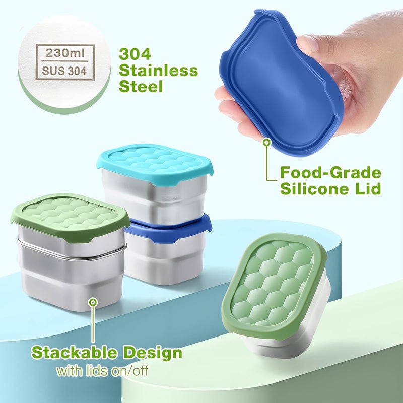 Gencywe 3 Pack Stainless Steel Snack Containers for Kids, 8 oz Easy Open Leak Proof Small Toddler Snack Containers with Silicone Lids, Stackable Metal Lunch Box for Daycare and School (Blue) - Image 4